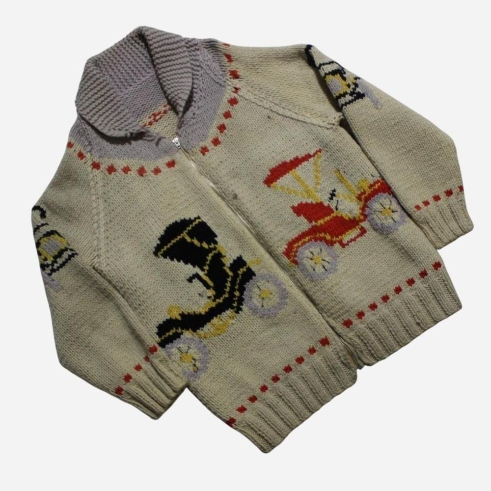 Mens Vintage 70s/80s Stagecoach Graphic Classic Car Knit Zip-up Sweater